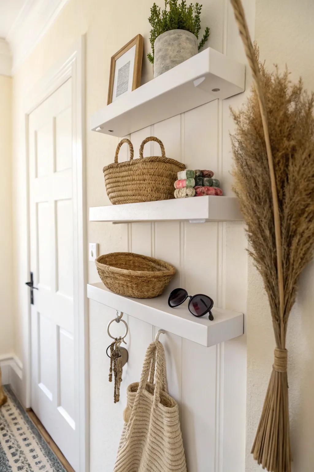 White entryway shelves that keep keys, mail, and sunglasses neatly grounded—calm starts here.