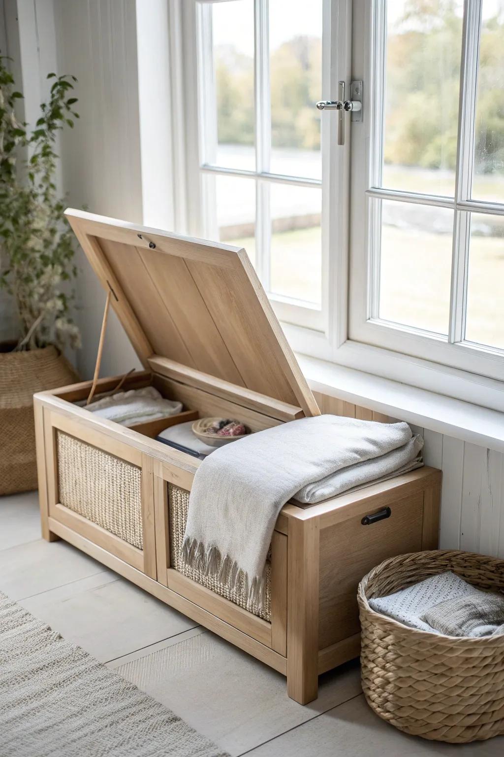 Lift-up window bench: hidden storage for bedding, wrapped in calm Scandinavian simplicity.