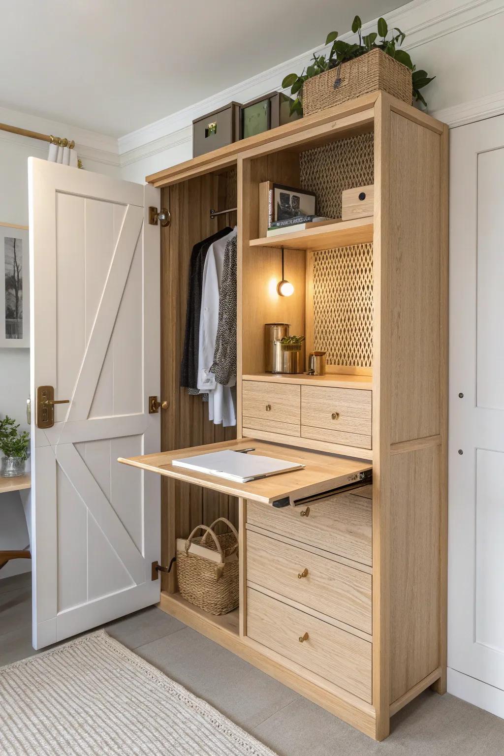 Closet-office magic: a fold-down desk that hides away to switch from home mode to work mode.