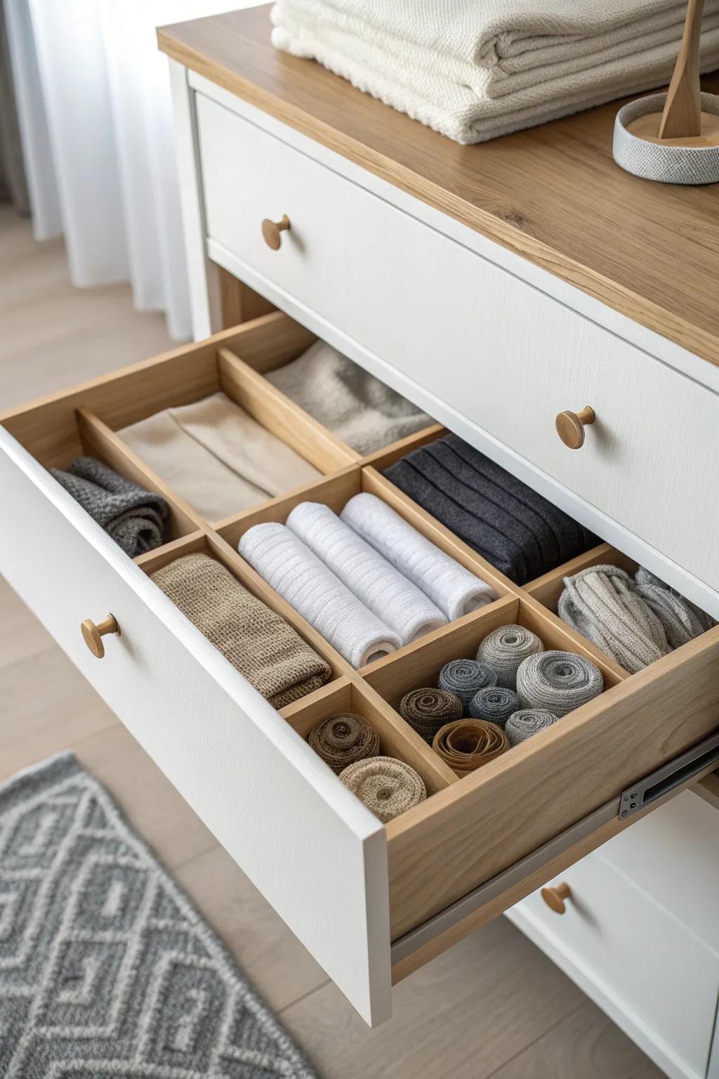 Use simple drawer dividers to sort socks, thermals & liners for calmer winter mornings.