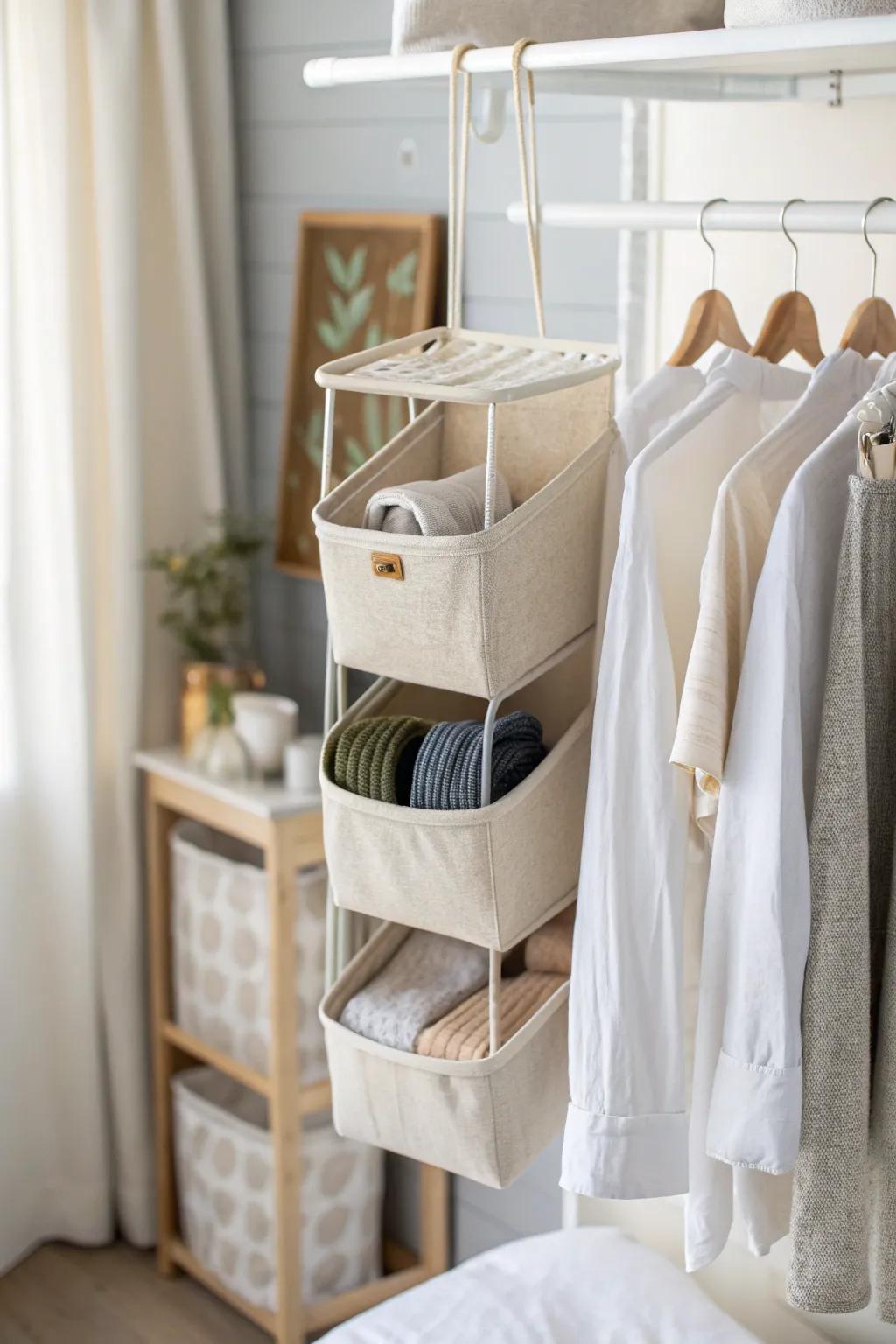 Hanging cubbies turn wire shelving into instant drawers for socks, tees, and small essentials.