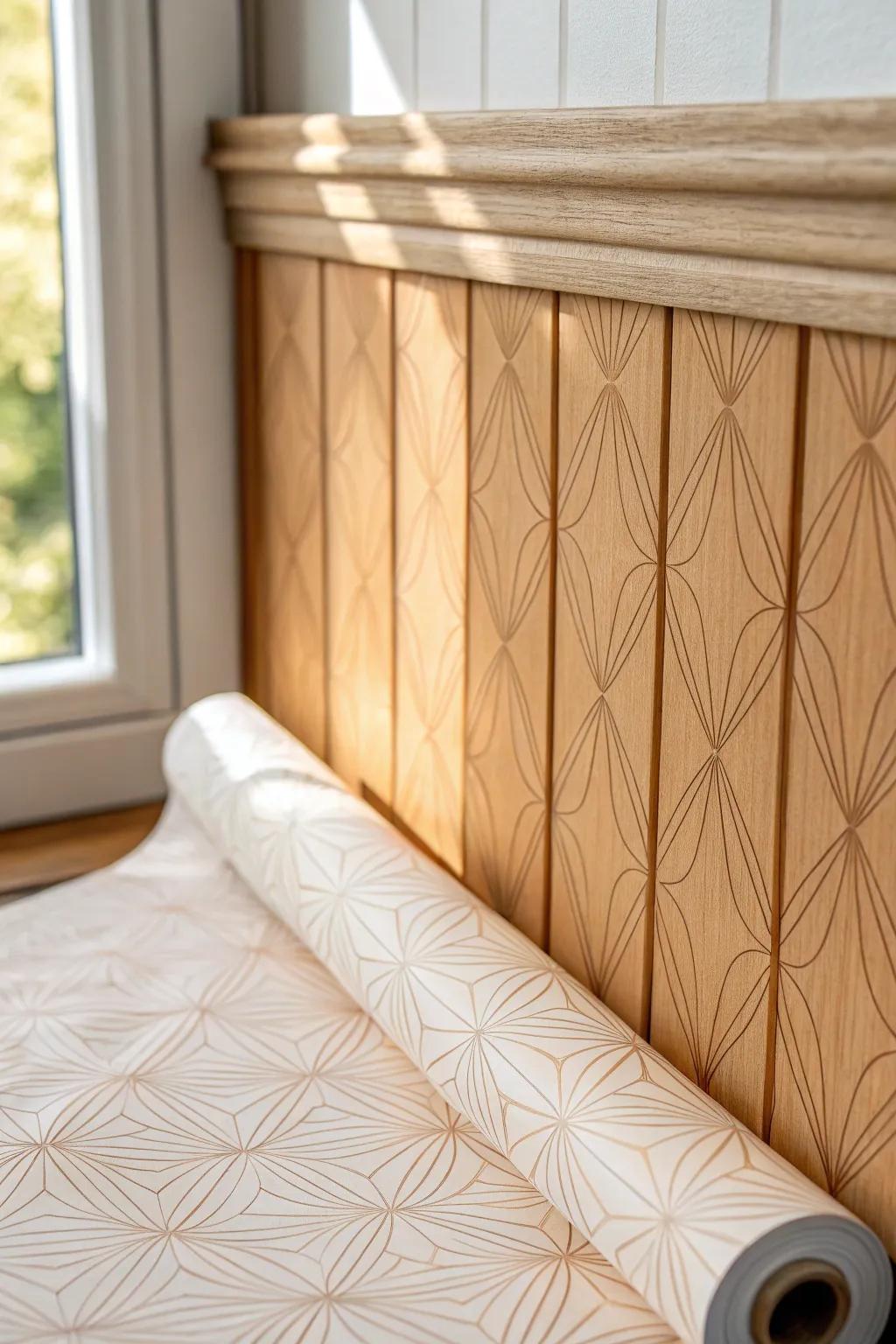 Peel-and-stick wallpaper transforms wood paneling fast—add pattern without the commitment.