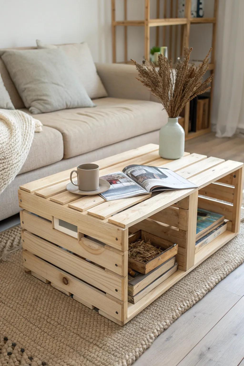 A low wooden crate coffee table with a cubby: airy storage for remotes and magazines.