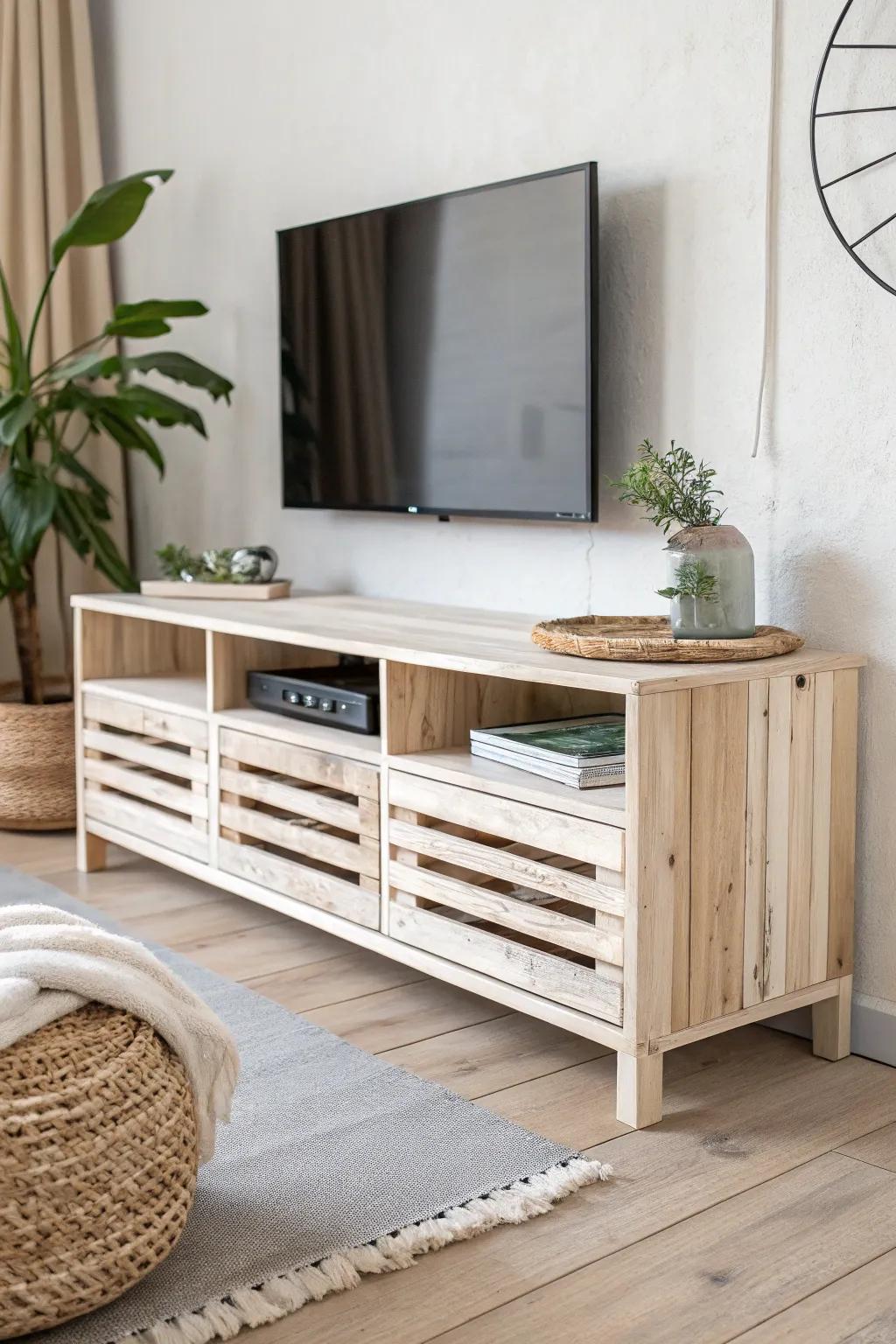 Pallet TV console with hidden cables—minimal, airy slats keep devices cool and tidy.