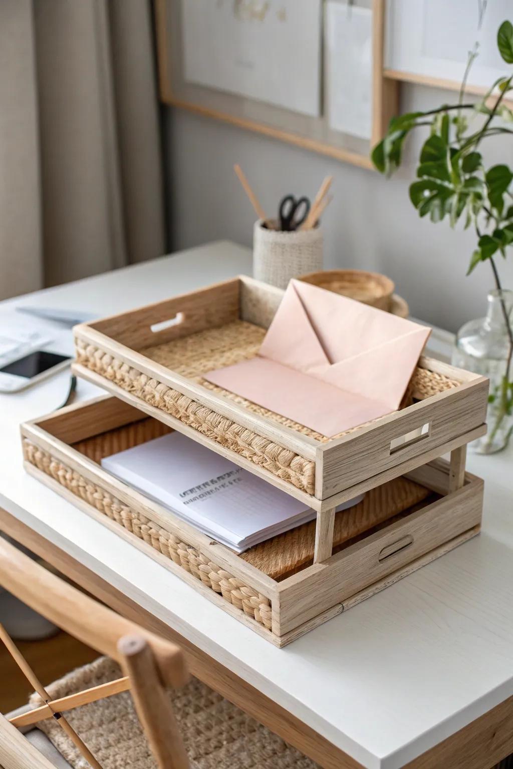 A simple birch inbox/outbox tray keeps small-space work-from-home desks calm and clutter-free.