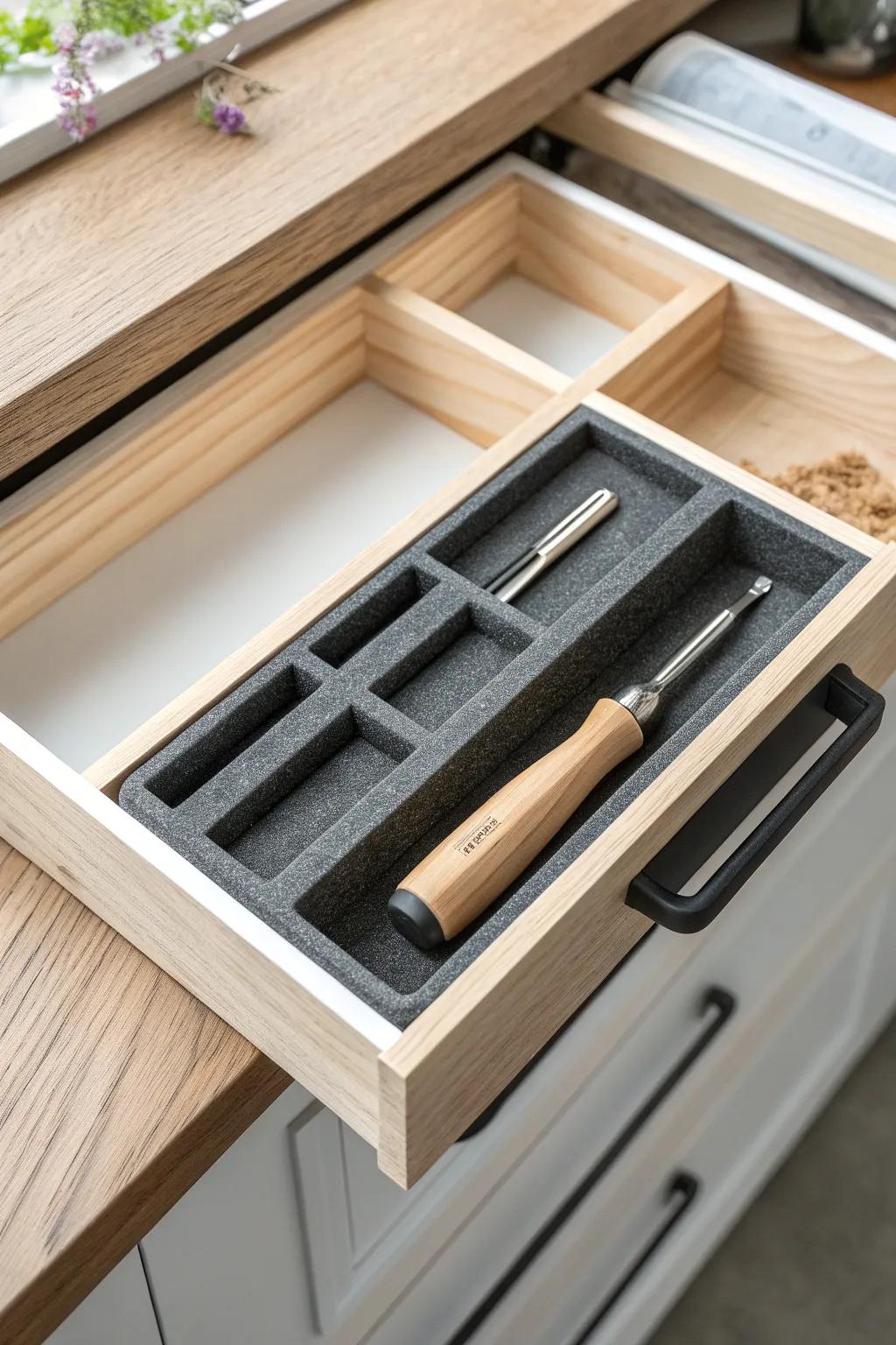 Custom foam drawer insert: one tool, zero clutter—quiet, tidy storage that feels so put together.