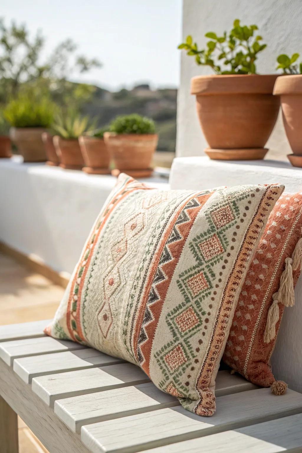One bold cushion plus a few colorful pots instantly brings life to a wraparound balcony.