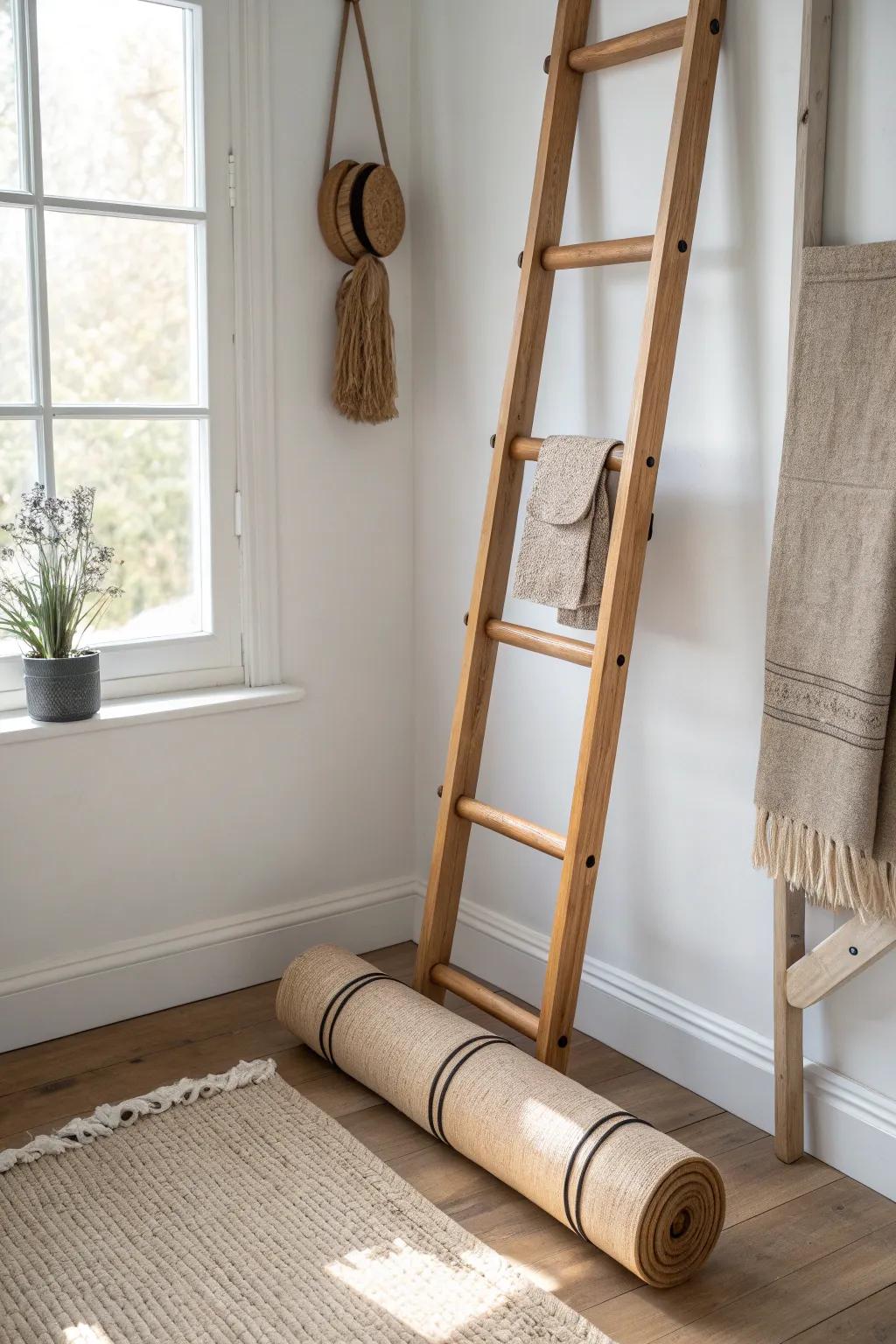 Turn a decorative leaning ladder into chic yoga mat storage—calm, tidy, and studio-worthy.