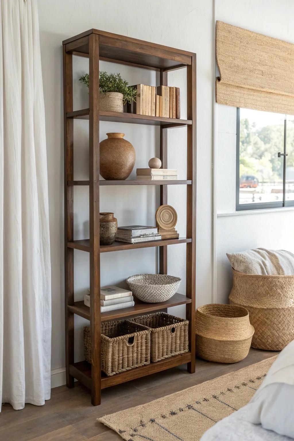 Open shelving divider: baskets below, curated decor above—airy separation for a small 1‑bed.