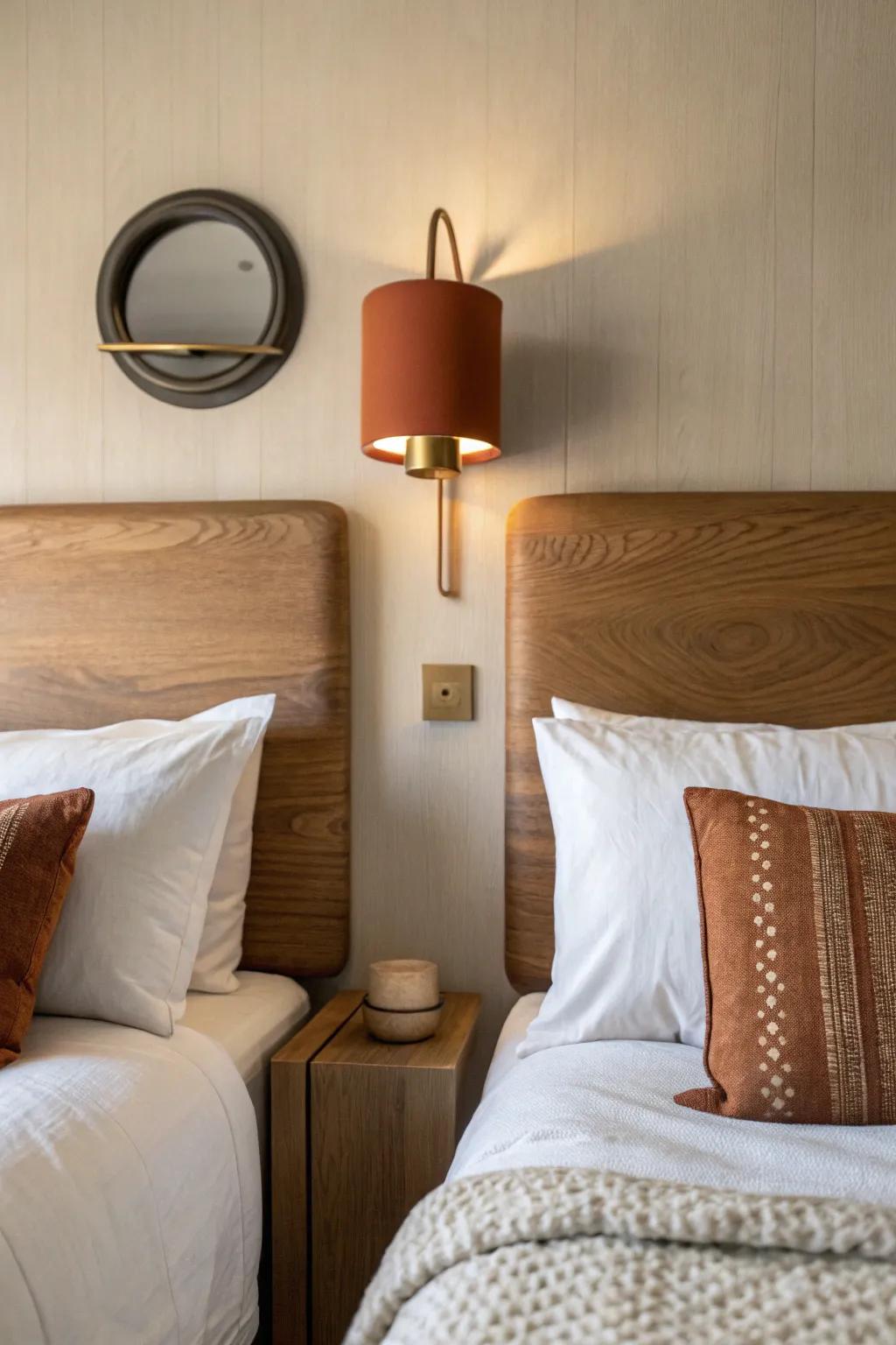 Space-saving elegance: one sculptural wall sconce lights two beds—no nightstands needed.
