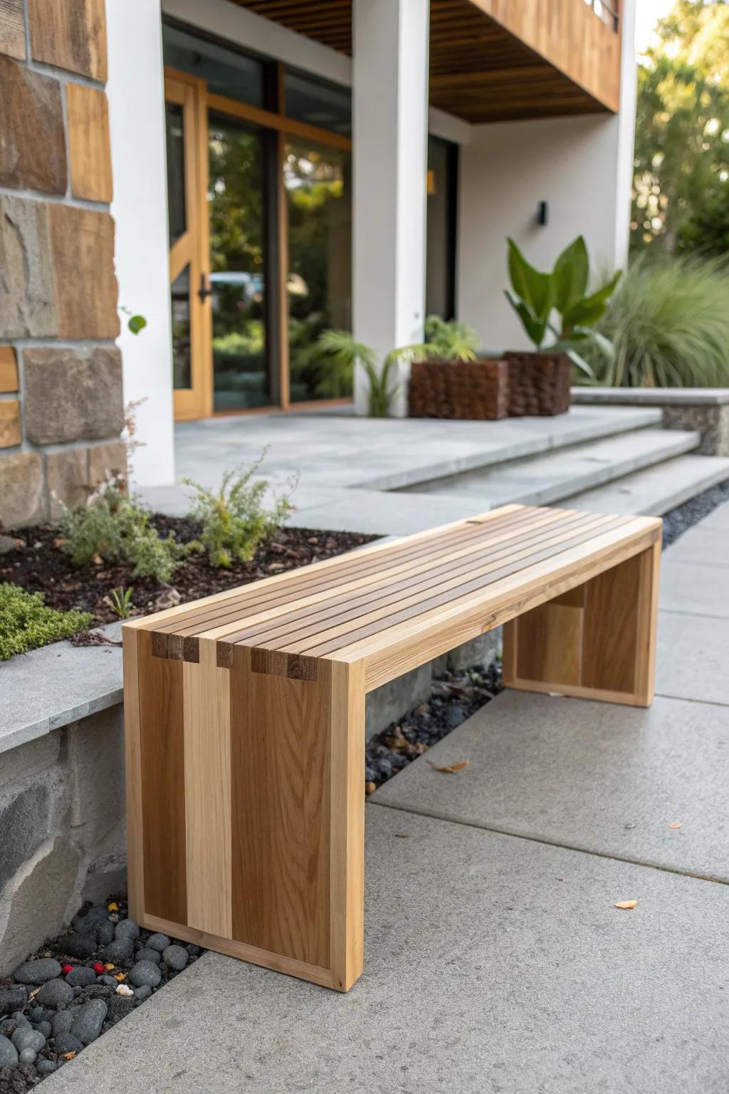 Waterfall-edge 2x4 bench: minimalist wraparound legs with bold color accents for small spaces.