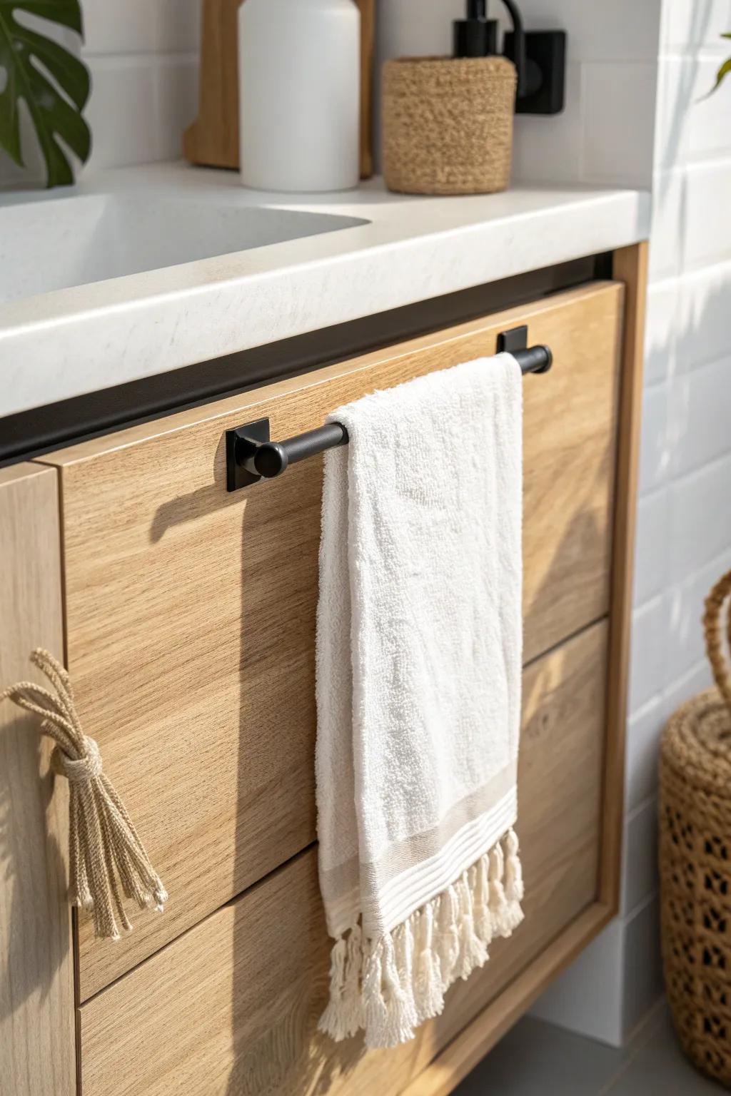 Turn that 5-inch vanity gap into a feature—add a sleek towel bar for an intentional look.