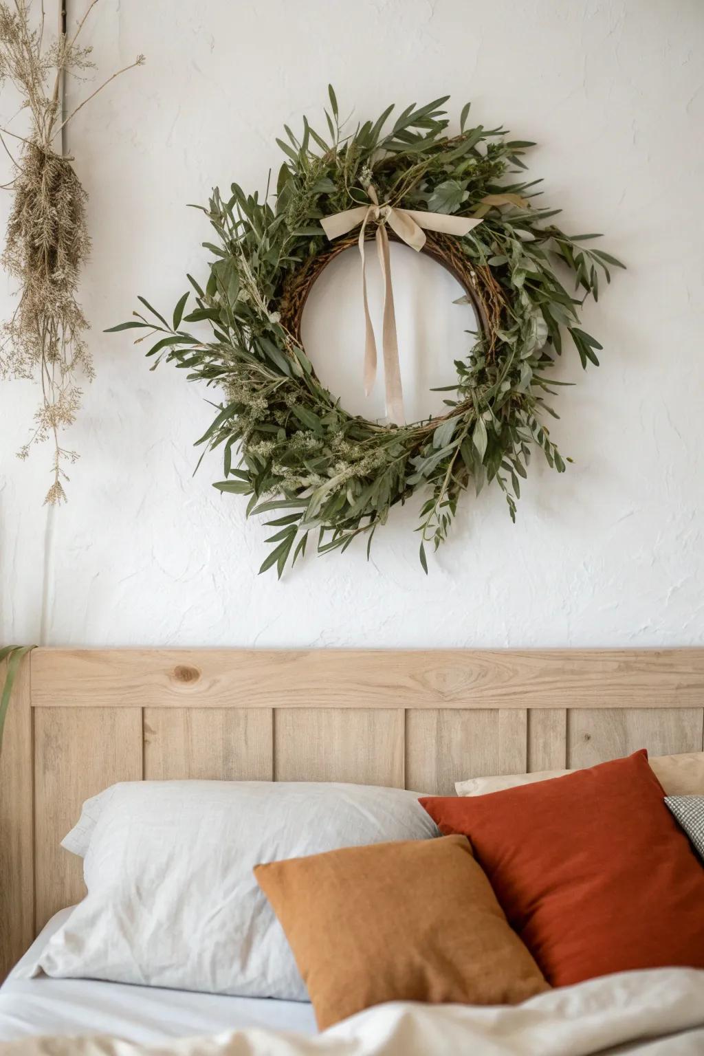 A minimalist greenery wreath above the bed adds texture and calm—seasonless and stylish.