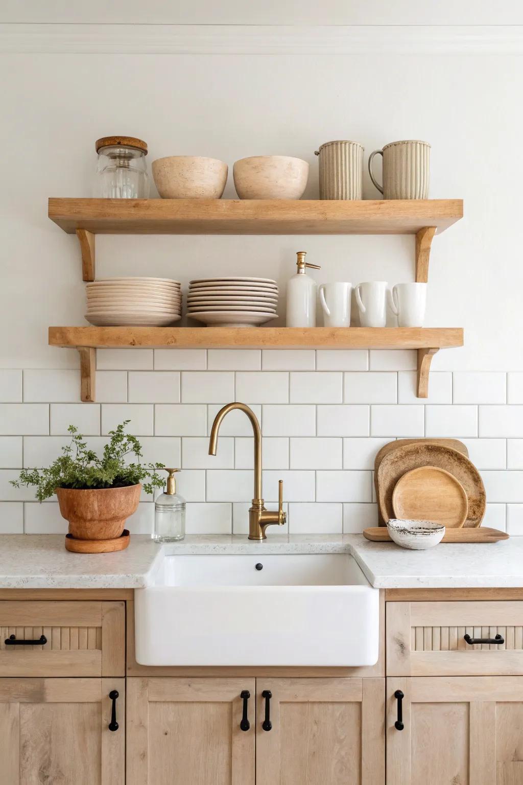 Two floating shelves over the sink keep it airy—style only daily essentials for a calm look.