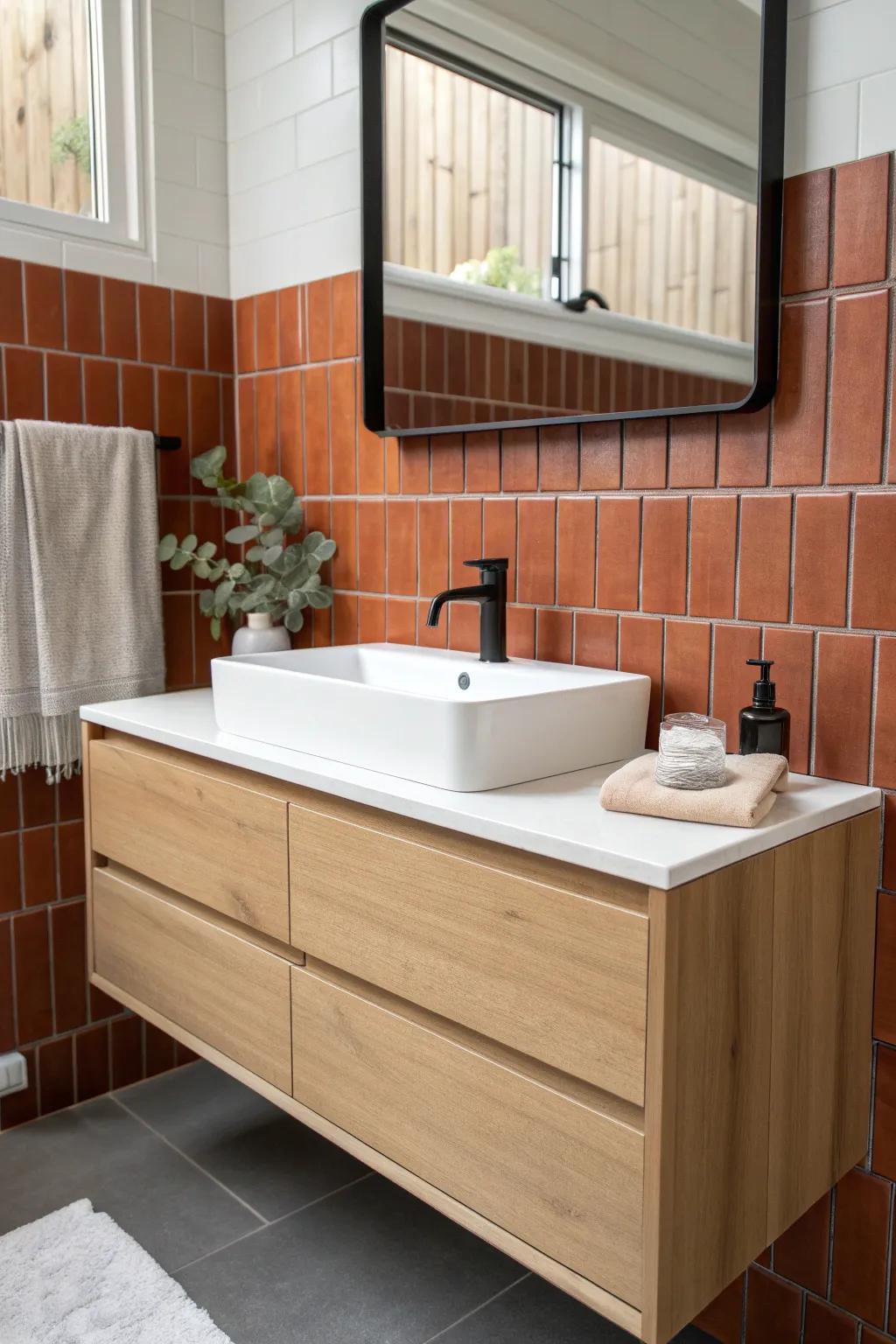 A slim floating vanity on one wet wall makes a narrow ADU bath feel intentional and efficient.