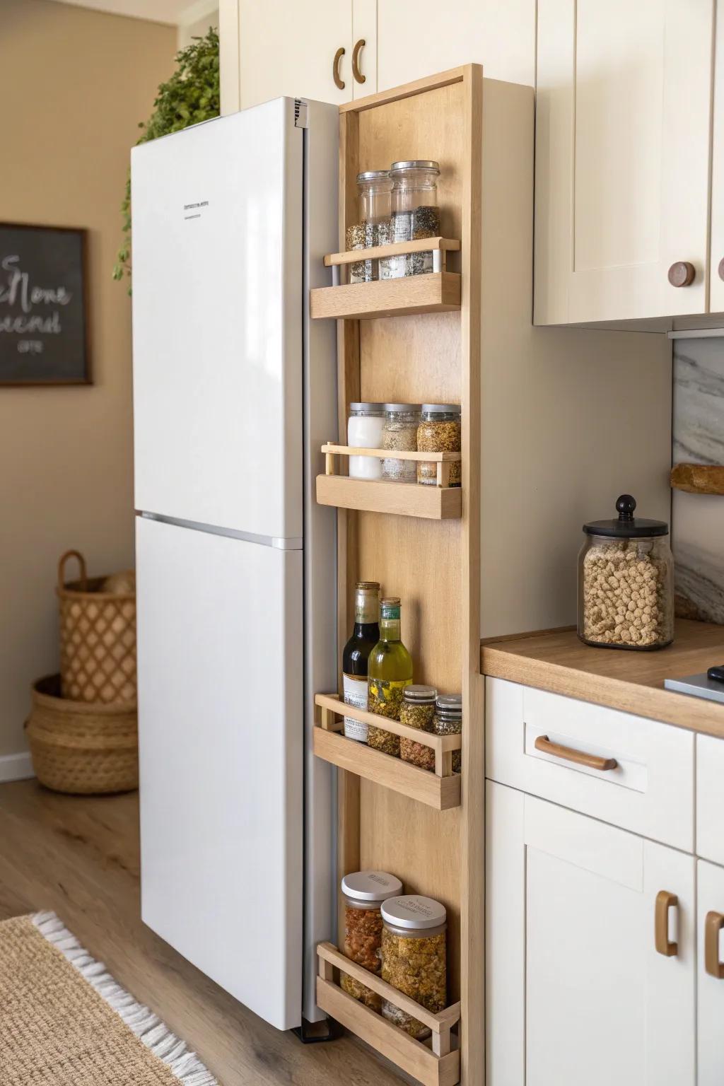 A skinny pull-out pantry turns that fridge gap into sleek storage for spices, oils, and snacks.