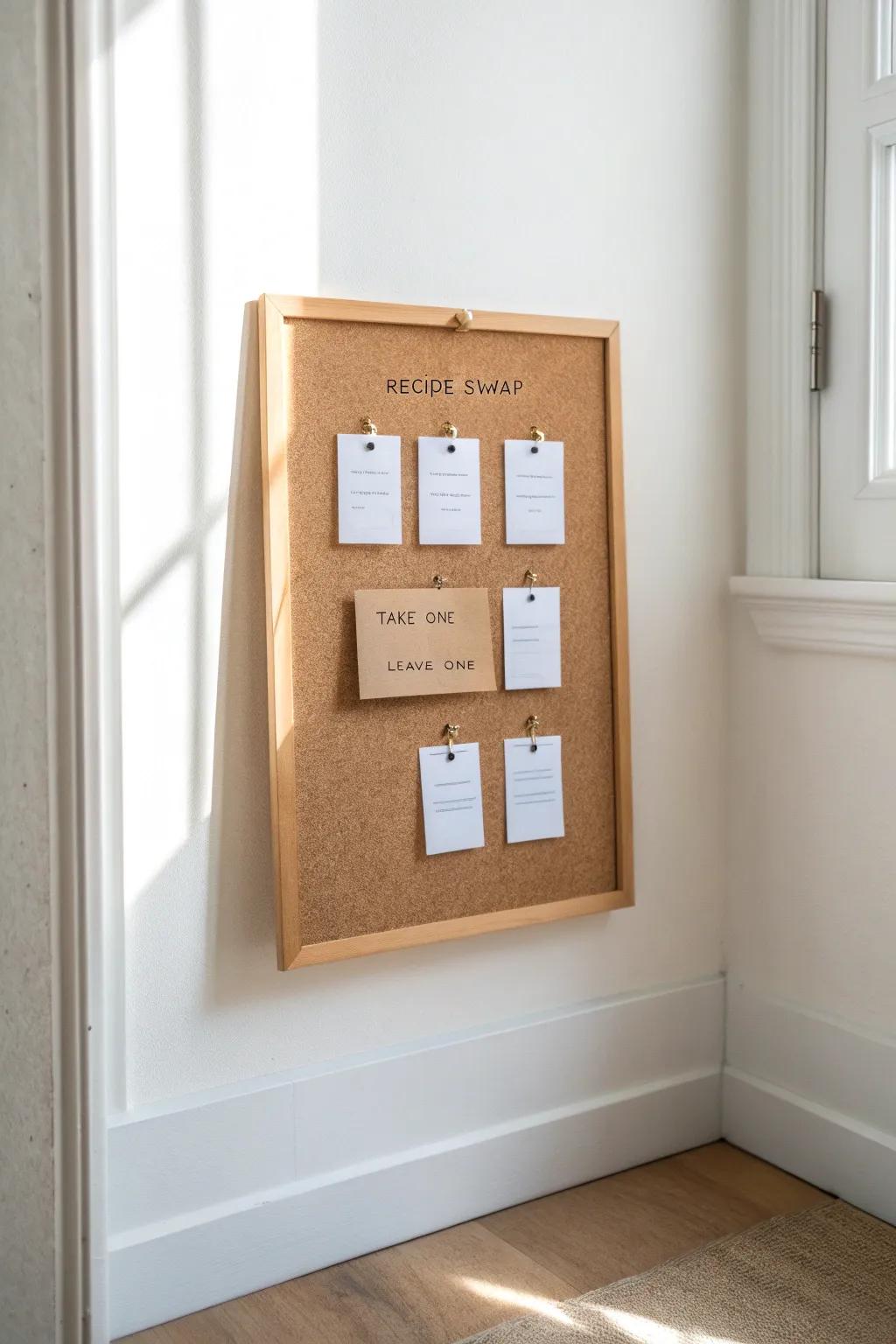 Recipe Swap board: tidy terracotta cards, “take one, leave one” charm—small space friendly.