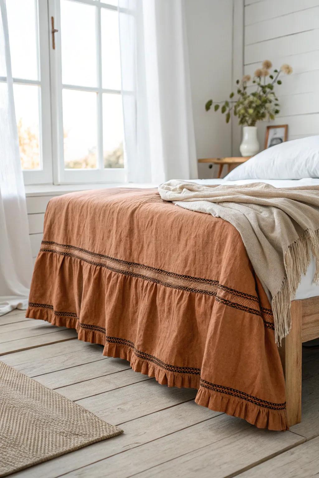 A linen bed skirt hides under-bed bins and instantly makes a small dorm feel calm and chic.