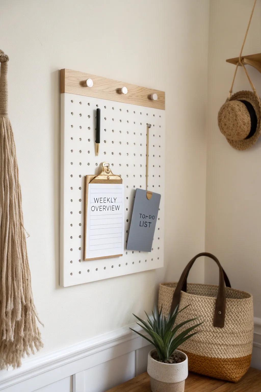 A chic pegboard planner corner that keeps your week visible—no more paper pile of doom.