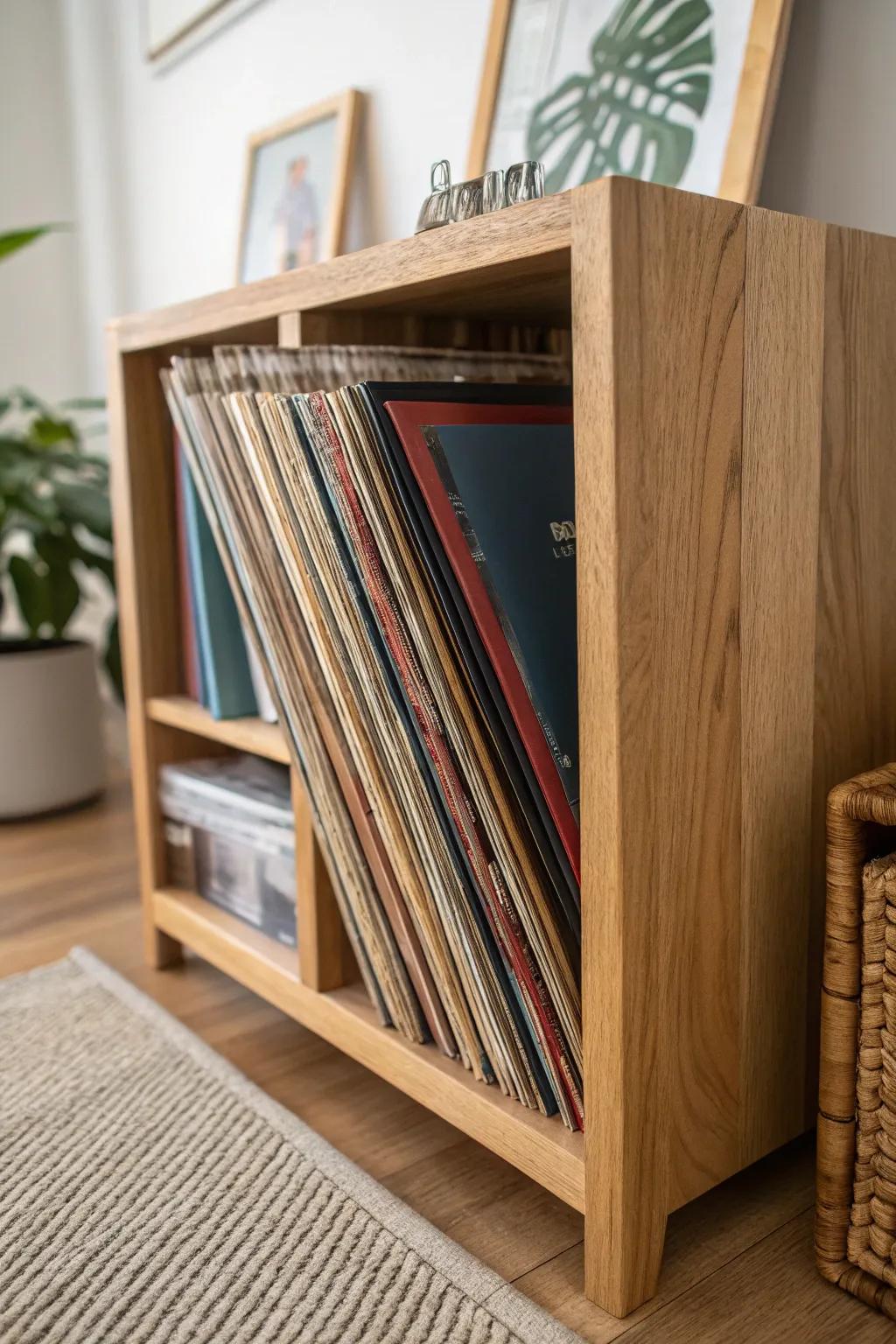 A tiny closet record library: upright LPs in an oak divider keep small spaces calm and chic.