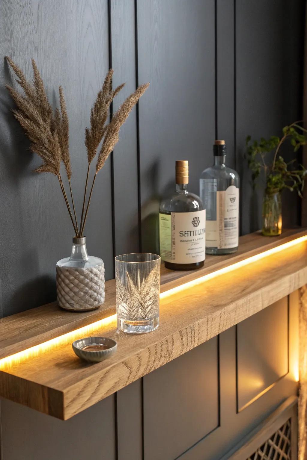 Moody LED under-shelf glow turns a tiny apartment bar shelf into a cozy lounge moment.