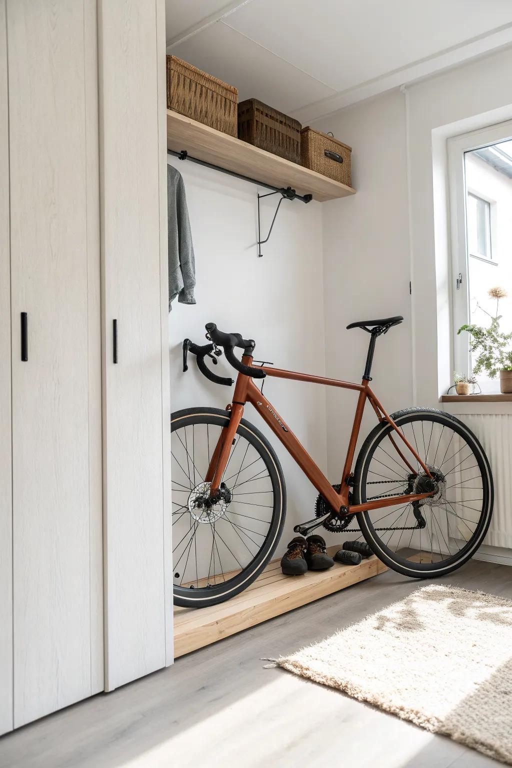 Hide your bike in the closet: a sleek side-wall mount that keeps floors clear without ruining the vibe.