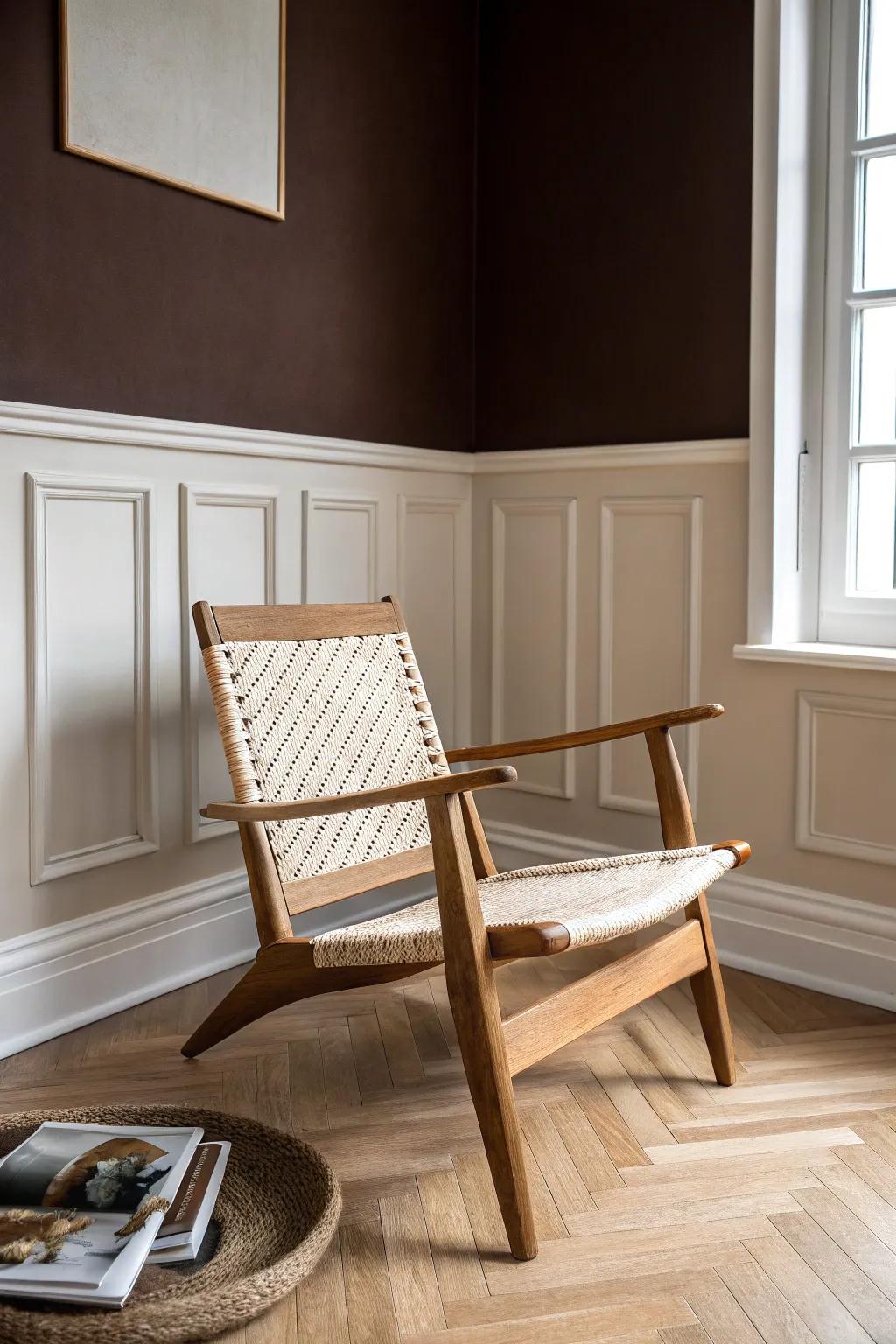 Deep chocolate brown walls + crisp white trim turn a tiny den into quiet luxury.