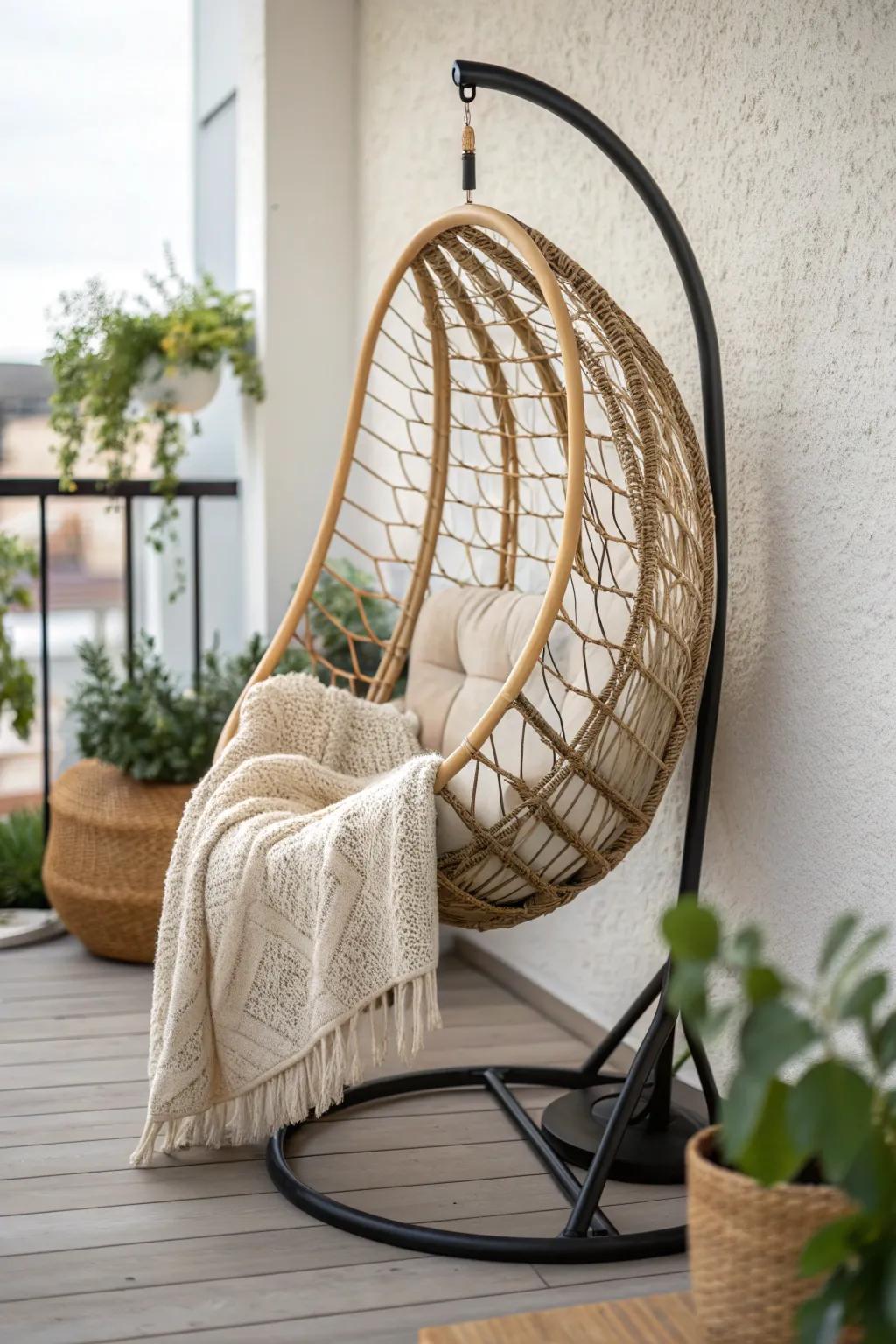 A cozy egg chair on a stand adds instant wow factor to any small apartment balcony.