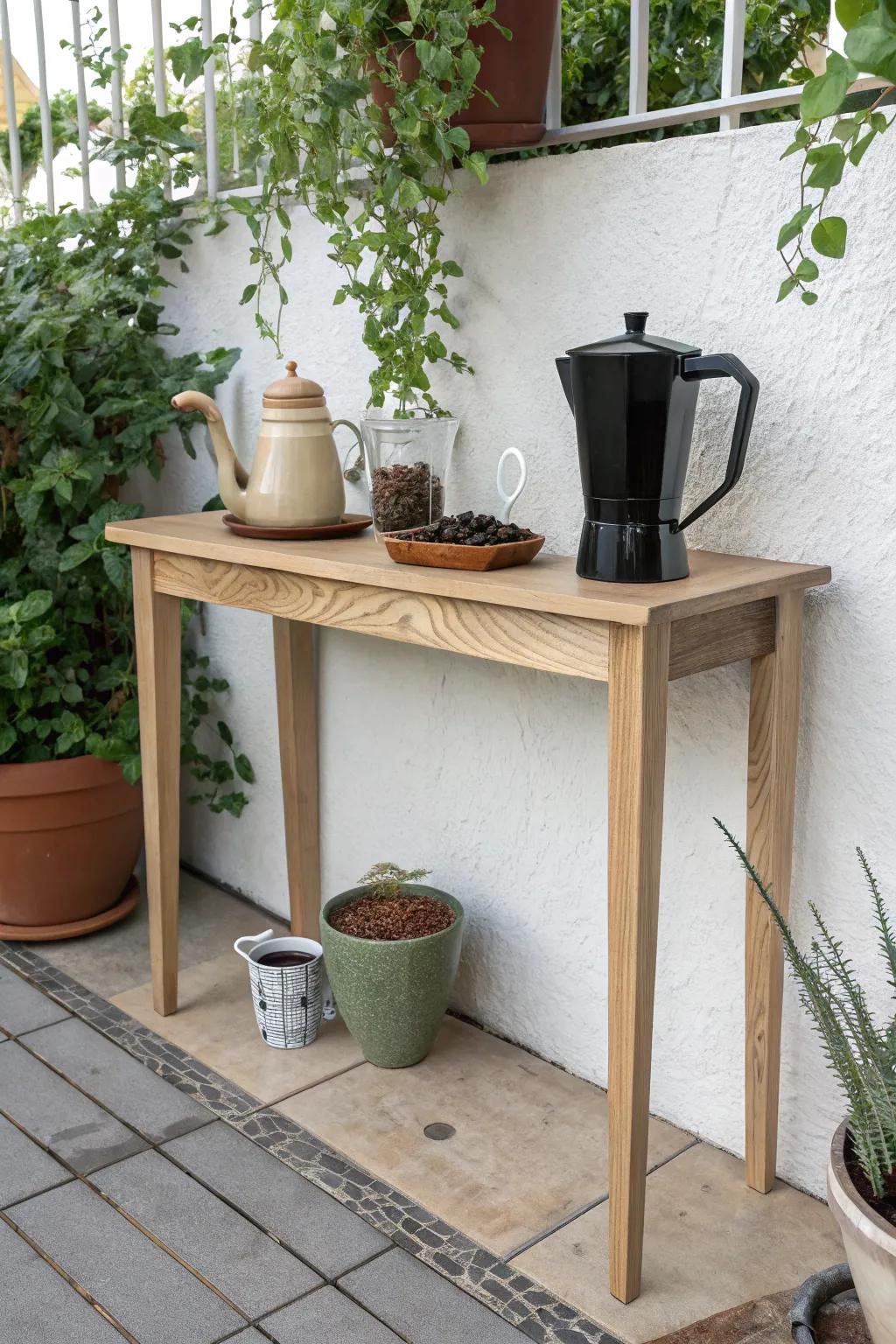 Slim console table coffee station: budget patio styling that looks curated, not cluttered.