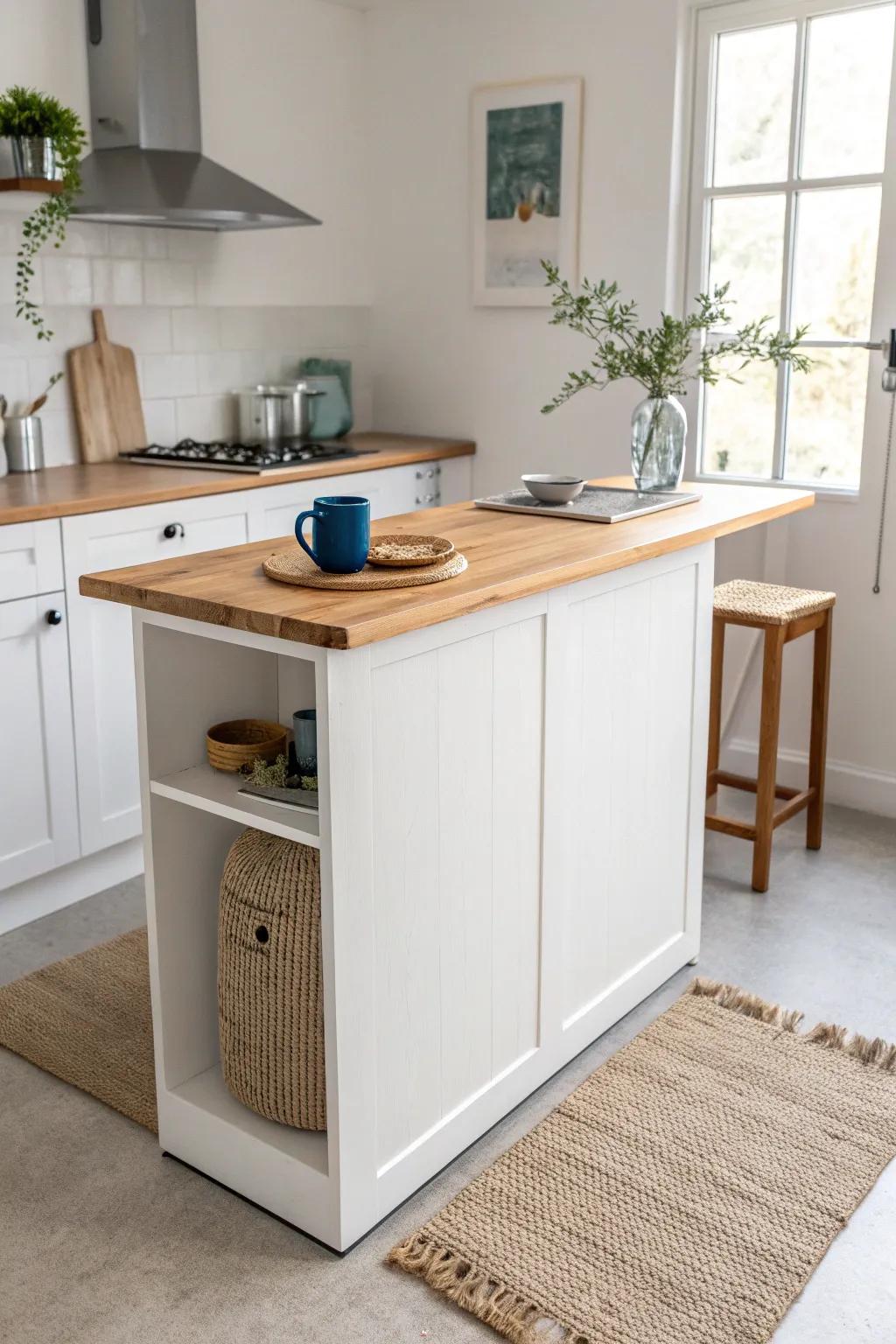 A slim kitchen peninsula adds prep space, coffee perch, and dining—perfect for tiny layouts.
