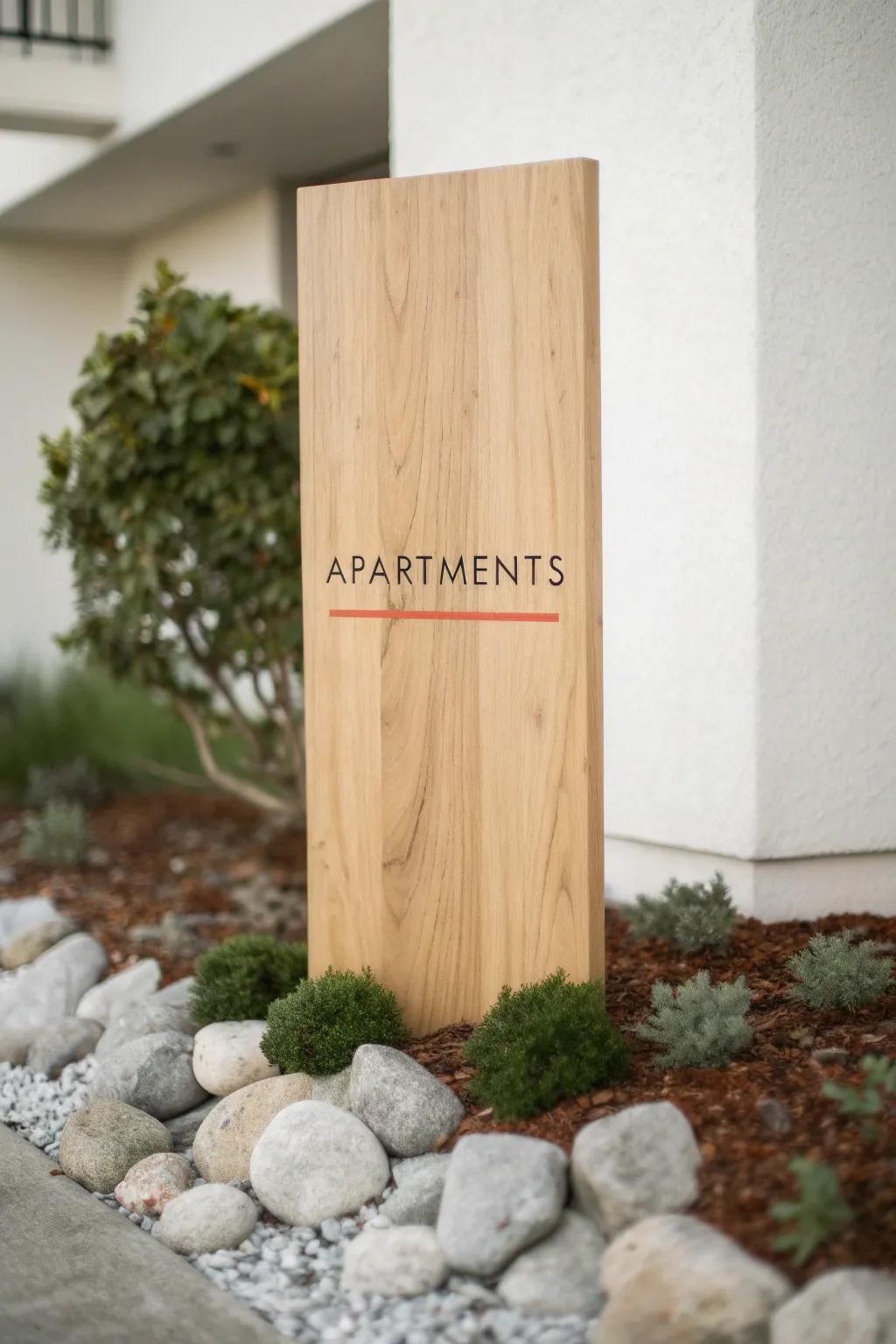 A simple wooden apartment sign framed with river rocks for an instant curb-appeal upgrade.