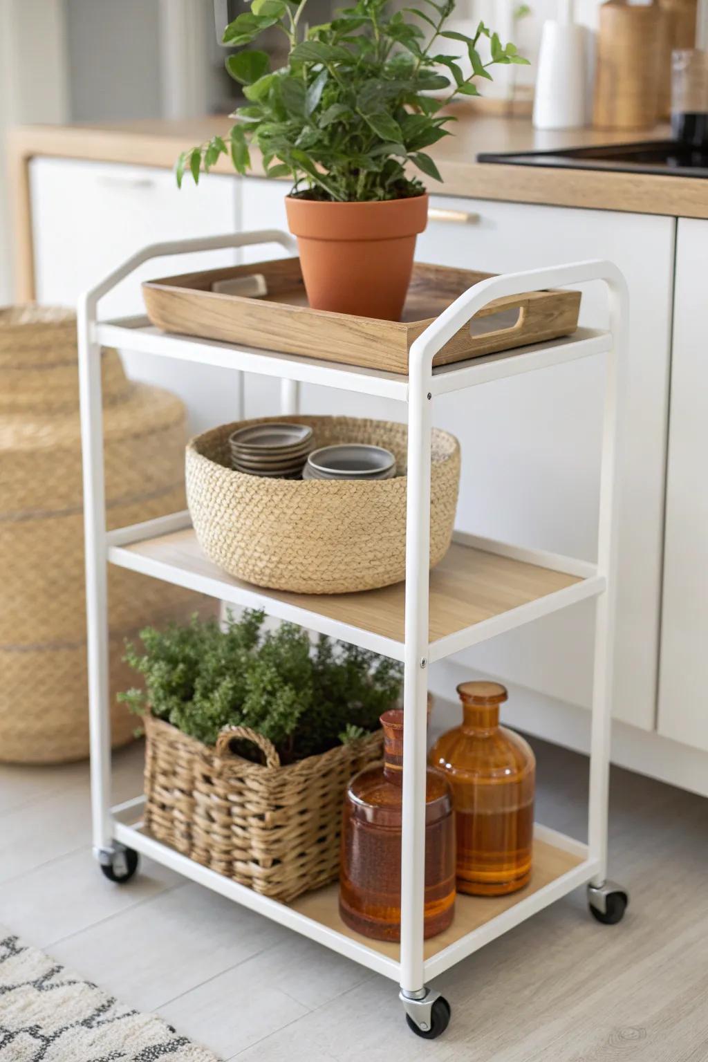A slim rolling cart turns a tiny balcony into a chic sideboard for plants, drinks, and storage.