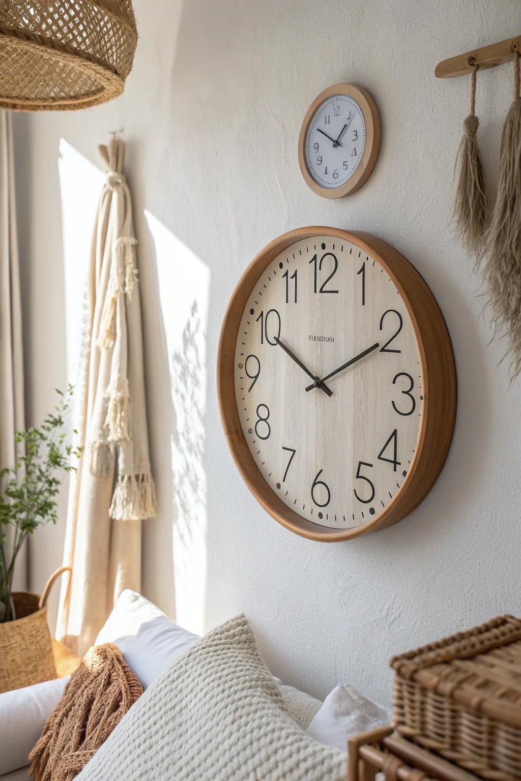 An oversized statement clock turns a blank wall into art—decorative first, functional second.
