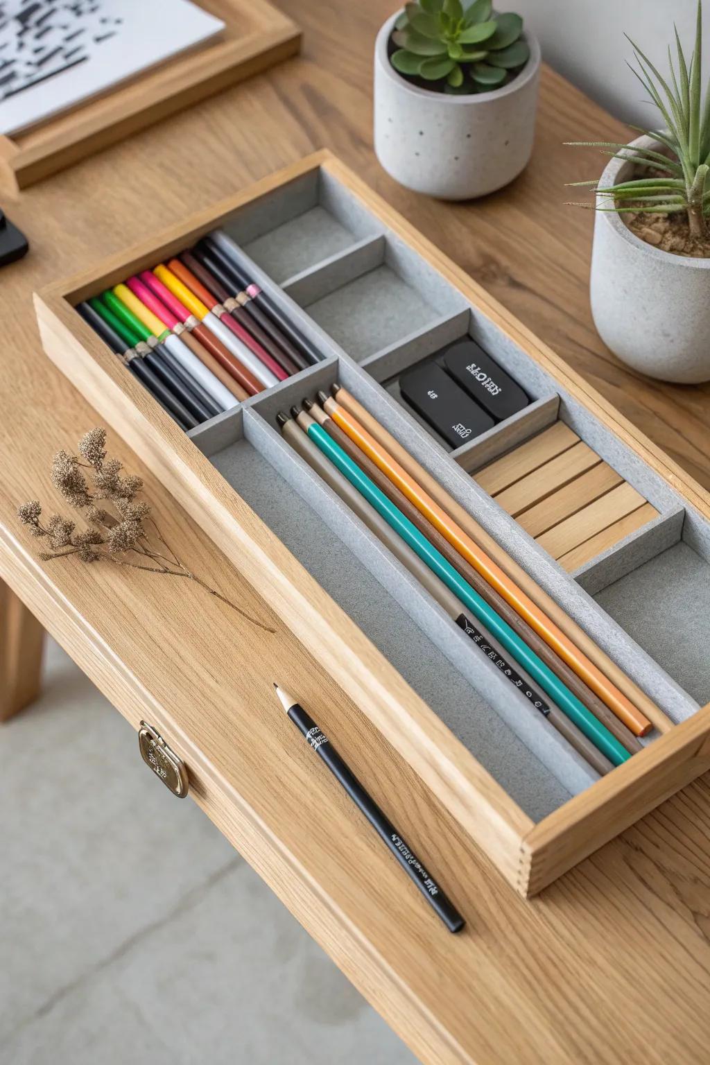 Handmade drawer dividers keep graphite, colored pencils, and liners perfectly separated.