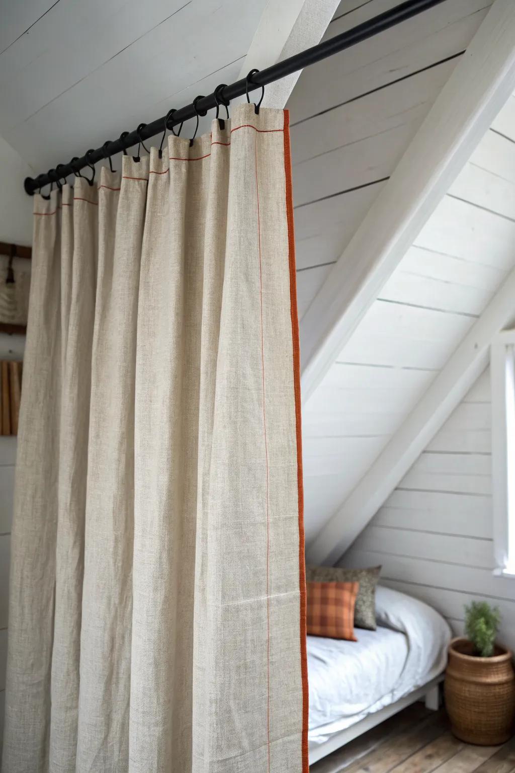 A linen curtain under the eaves turns an open attic bed into a cozy, private sleep den.