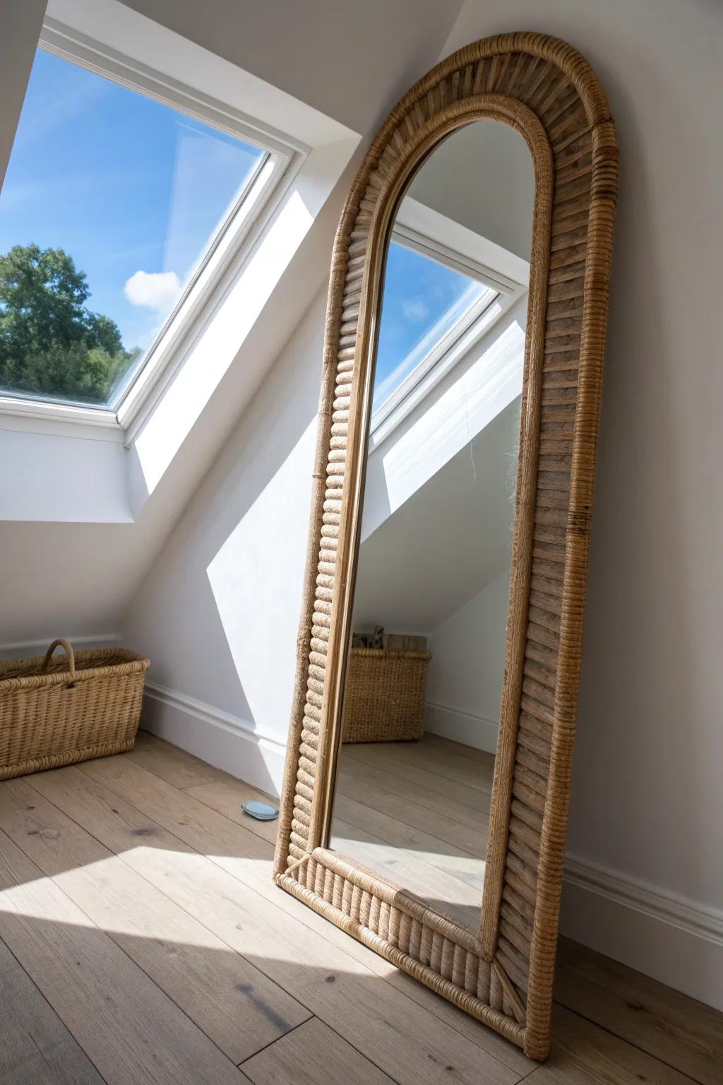 One arched mirror catches attic window light, brightening the nook and making it feel bigger.