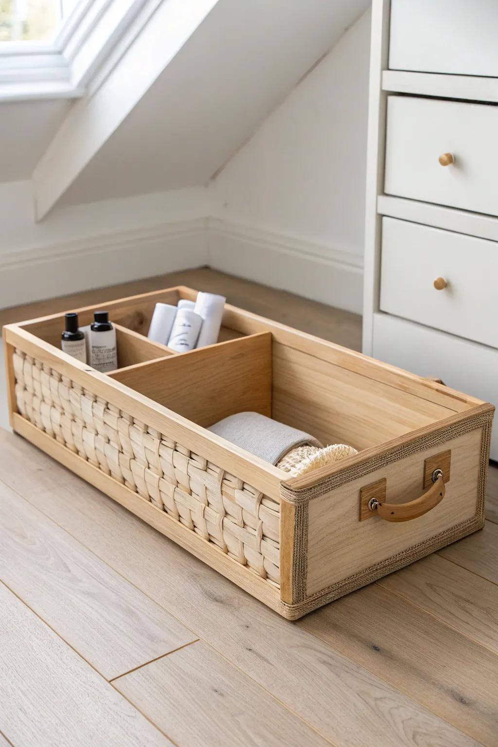 Shallow bins slide under low attic slopes—perfect for storing duplicates neatly and accessibly.