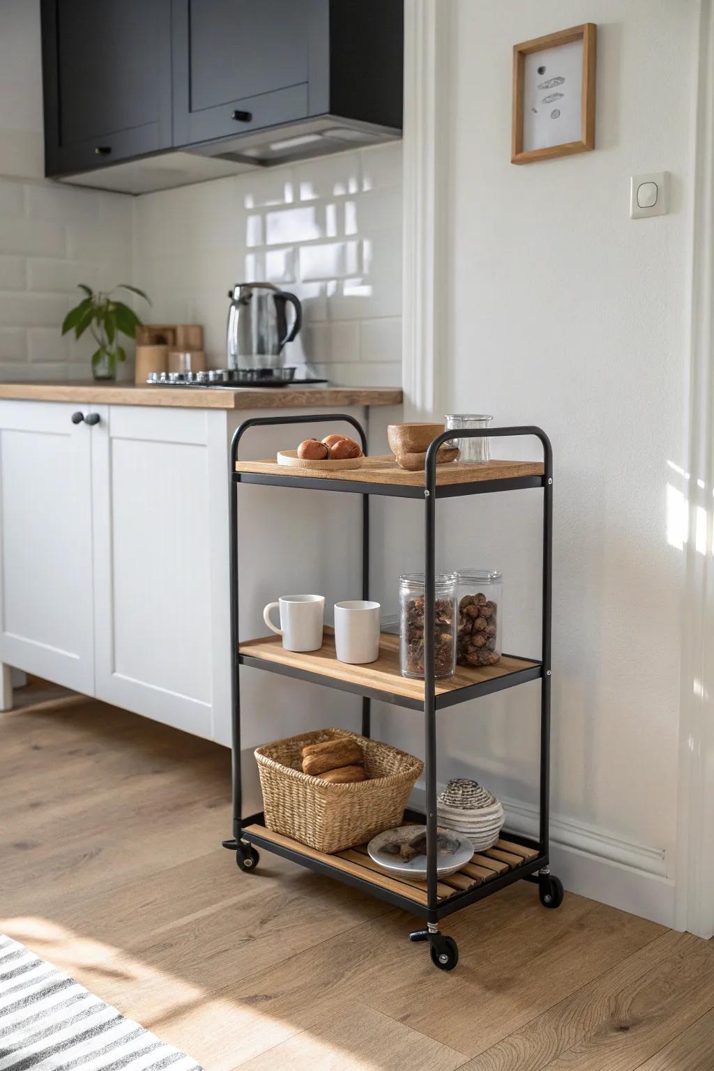 Awkward corner? Add a slim coffee cart and tray for a stylish, morning-ready coffee station.