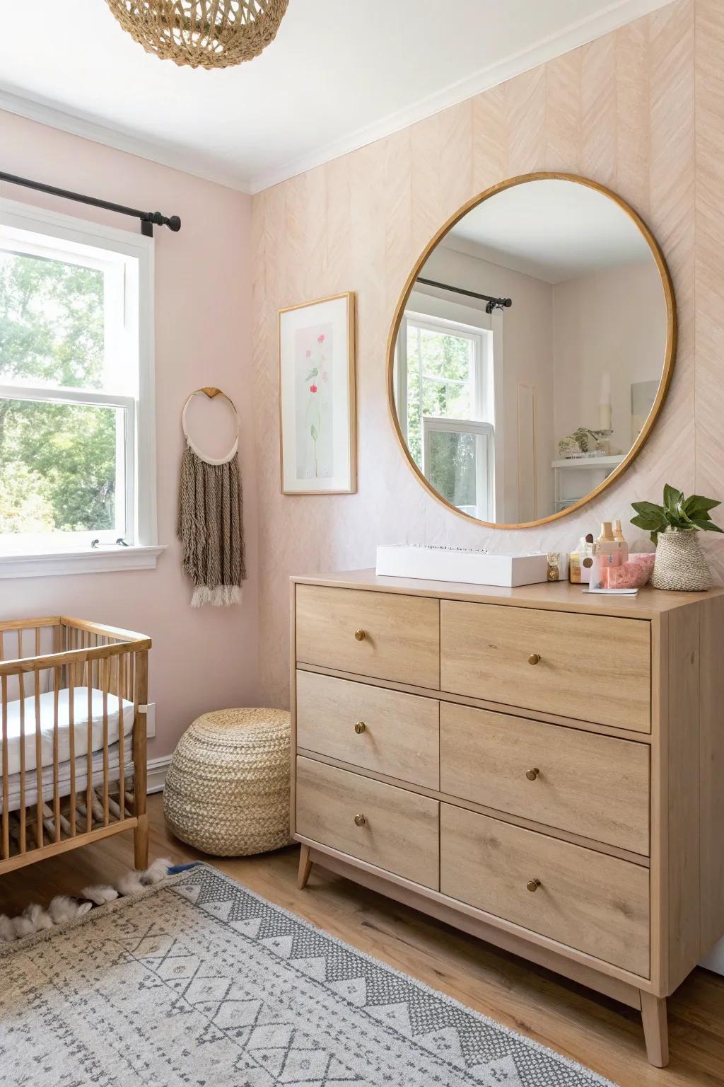 One big round mirror above the dresser reflects light and instantly opens up a tiny nursery.