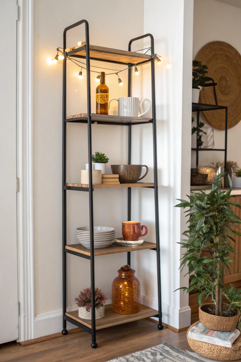 Warm shelf lighting turns a baker’s rack into a glowing display—perfect for small-space nights.