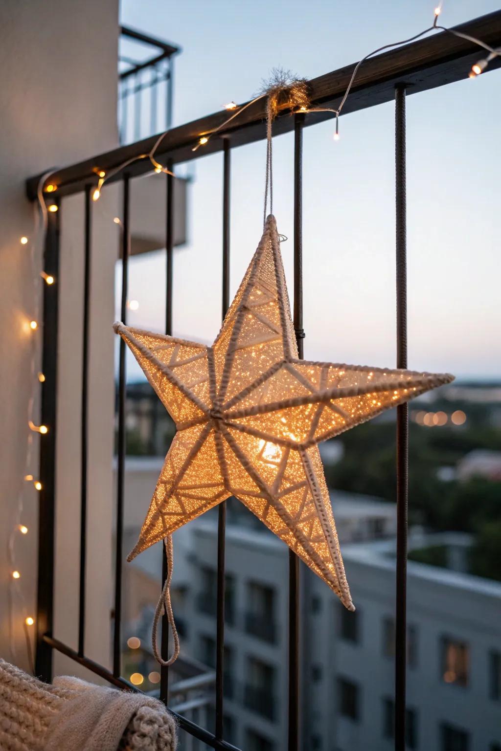 One glowing star on the railing—minimal, cozy, and instantly festive for tiny balconies.