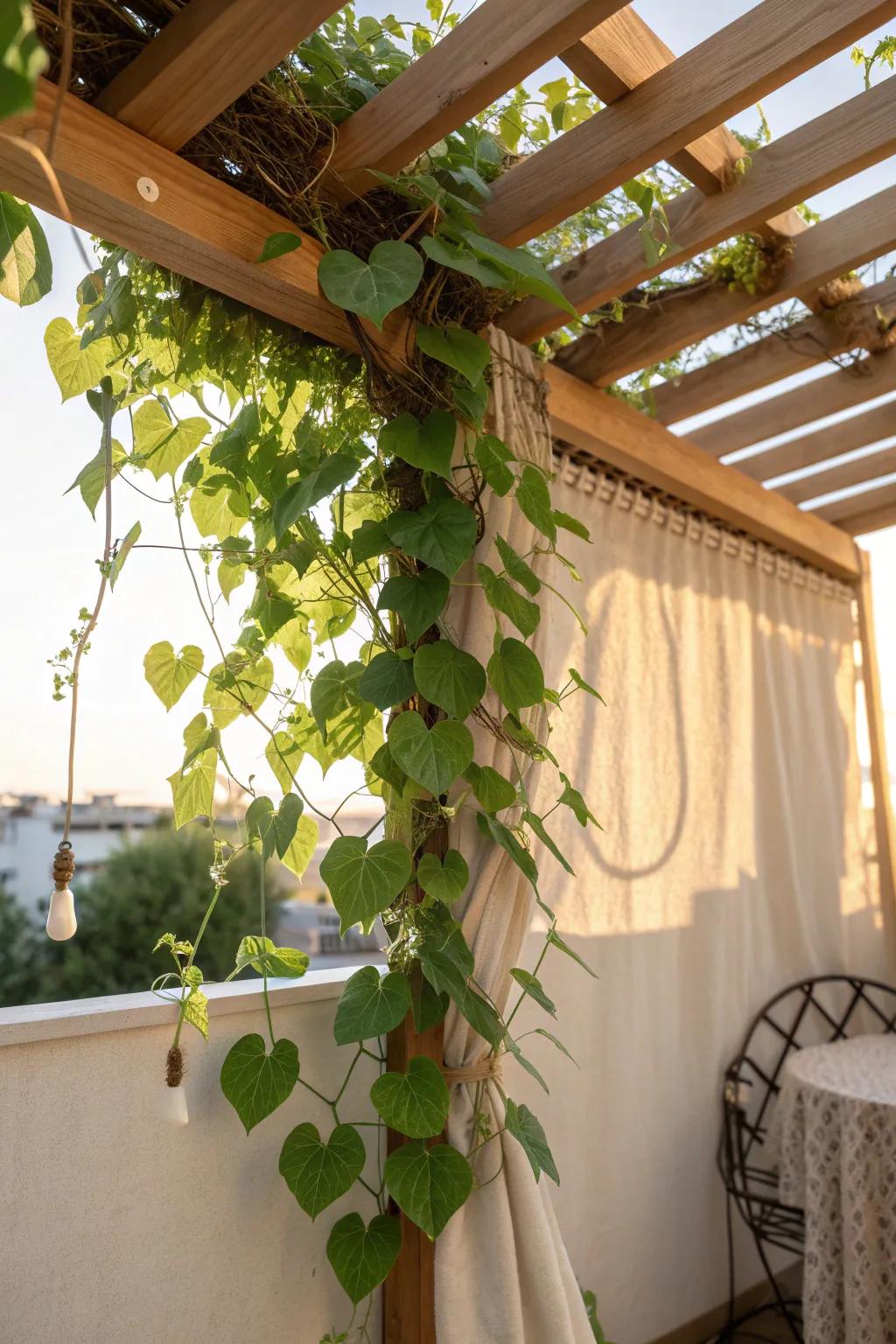 A trellis canopy of climbing vines—soft shade, secret-garden romance for a small balcony.