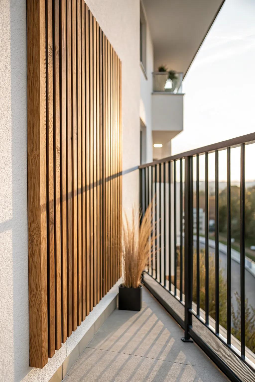 Handcrafted wood slat screening: modern privacy that makes a small balcony feel calm.