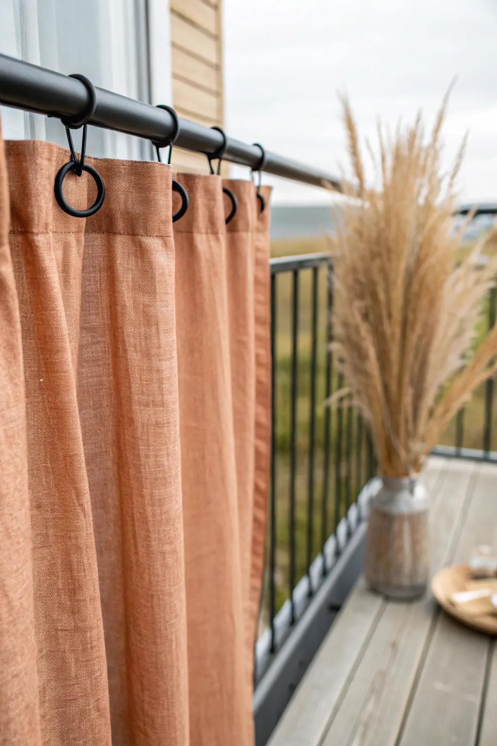 Weatherproof curtains on the fence add privacy, airflow, and a cozy balcony glow.