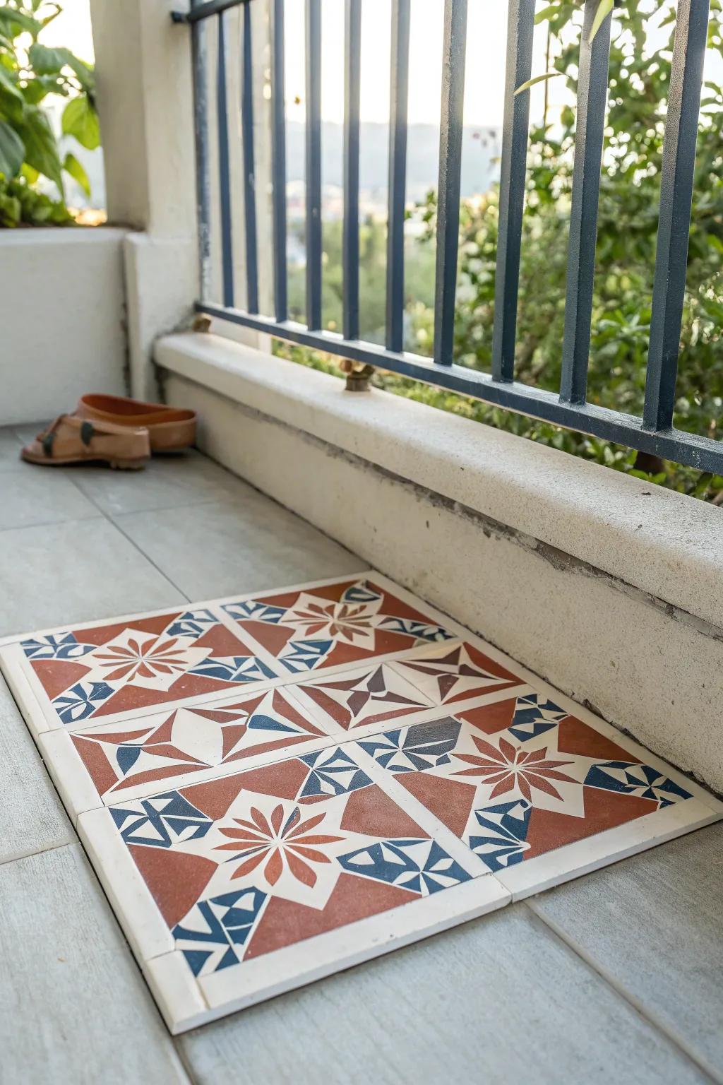 Instant pattern: peel-and-stick outdoor tiles for tiny balconies—clean first for a perfect finish.