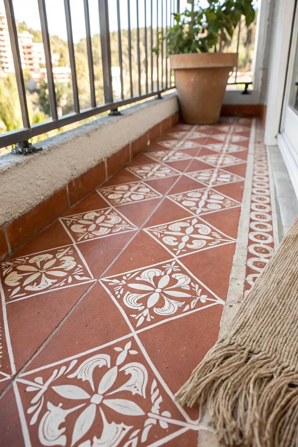 Stenciled tile-look balcony floor: two bold paint colors turn plain concrete into chic “tiles.”