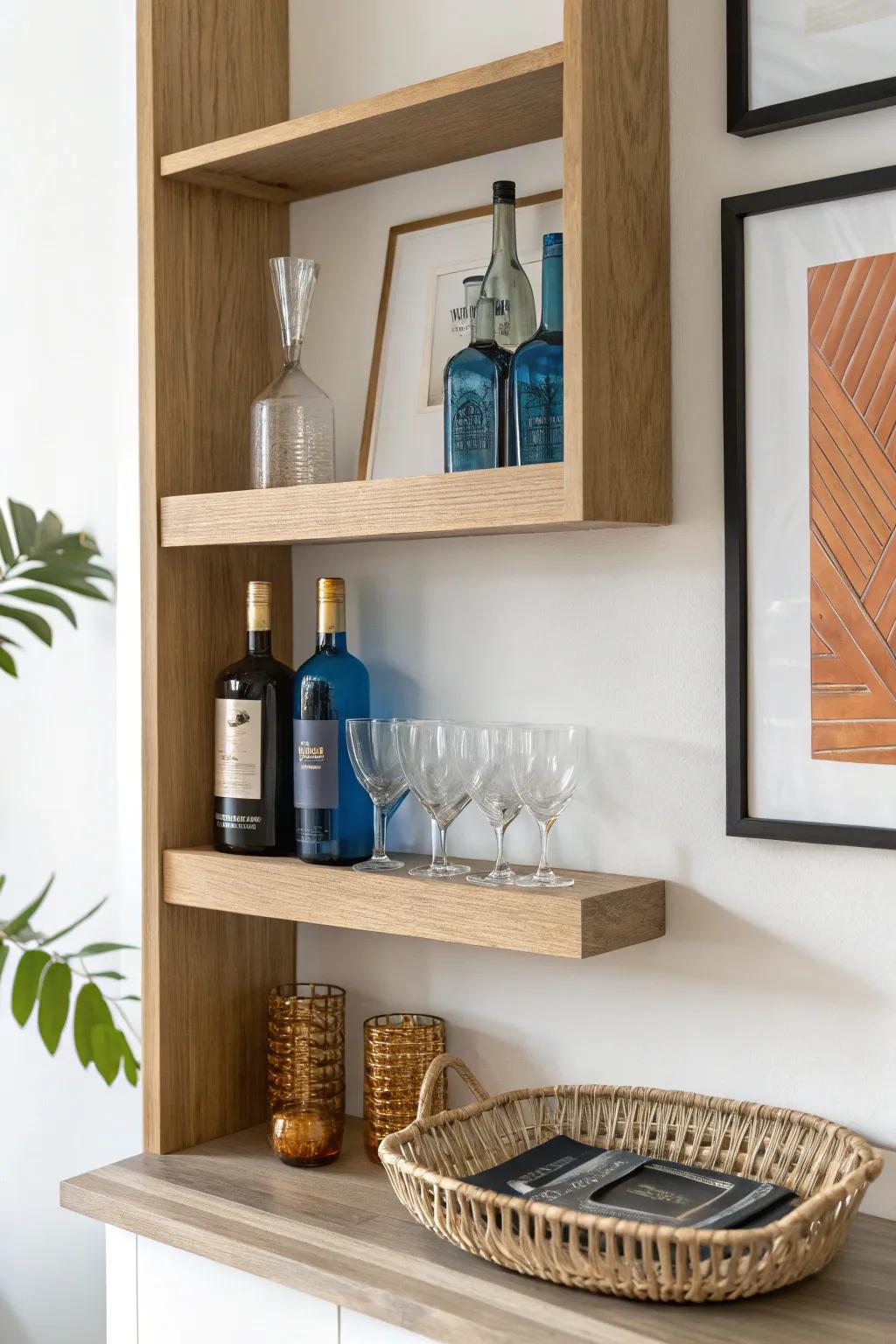 Symmetry hack: matching shelves and mirrored bottles make any tiny bar nook feel polished.