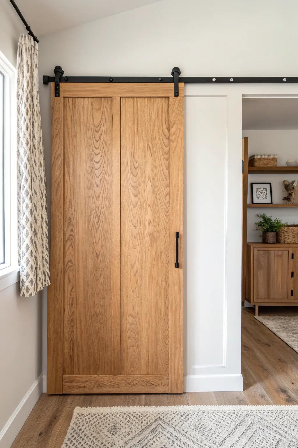 An oversized floor-to-ceiling barn door adds height, hides uneven trim, and feels architectural.