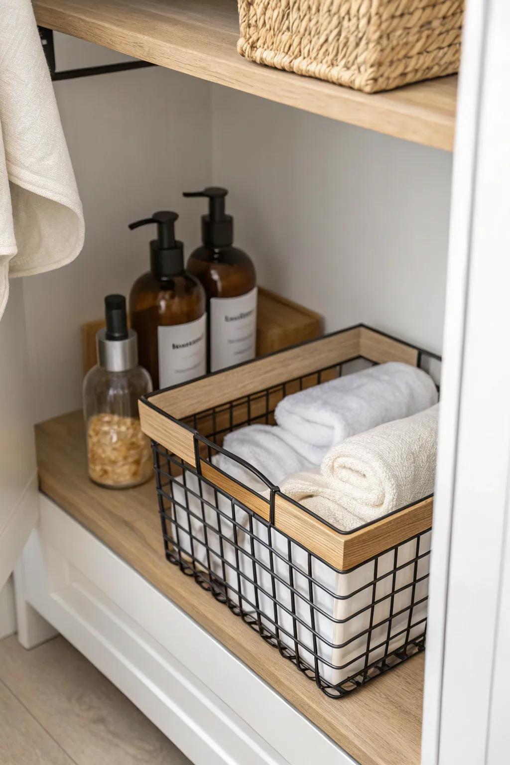 Pull-out baskets make deep basement shelves effortless—towels and supplies stay visible.