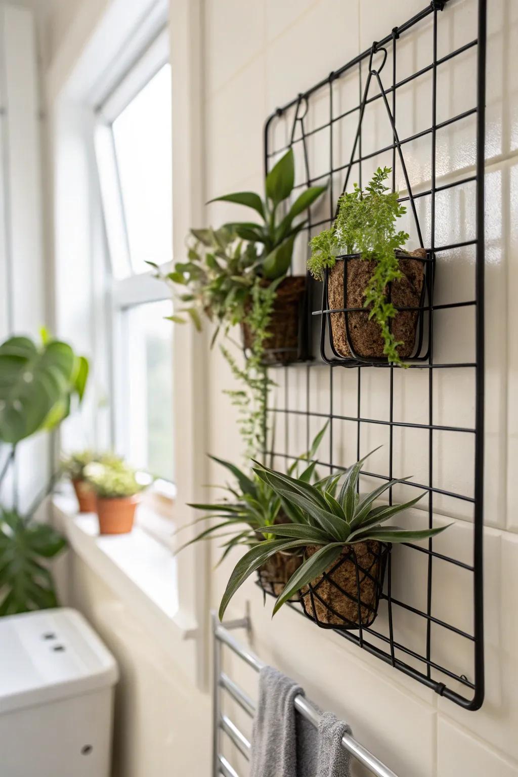 Wire grid living wall: airy air plants that add lush texture without crowding a tiny bathroom.